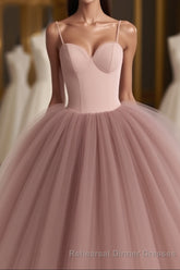 Dusty Rose A-Line Tulle Floor Length Spaghetti Straps Sweetheart Evening Party Dresses Semi Formal Prom Dresses